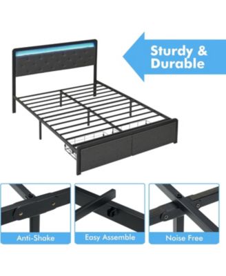 Full Bed Frame With 2 Drawers Upholstered Platform Bed LED Headboard No Box Spring Easy Assembly