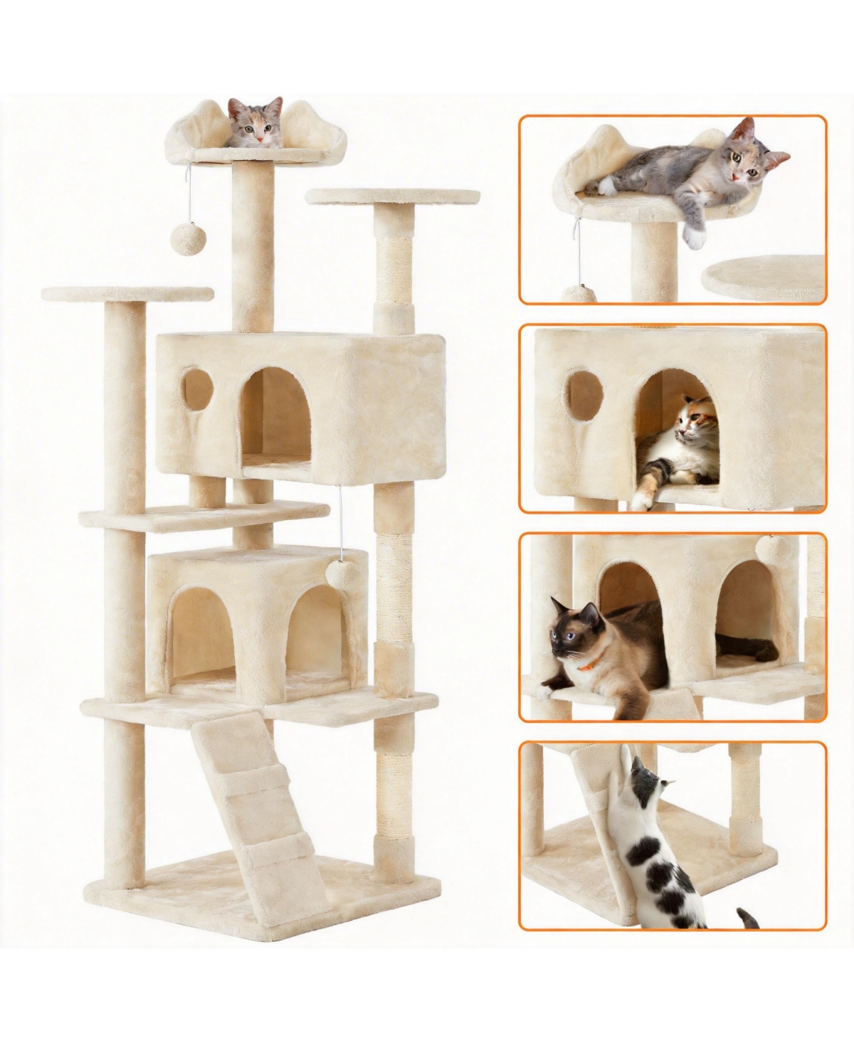 Aronkl Multi-level Cat Tree Tower with Cat-ear Perch 2 Caves Sisal Posts Climbing Ladder Replaceable Balls Pet Activity Center