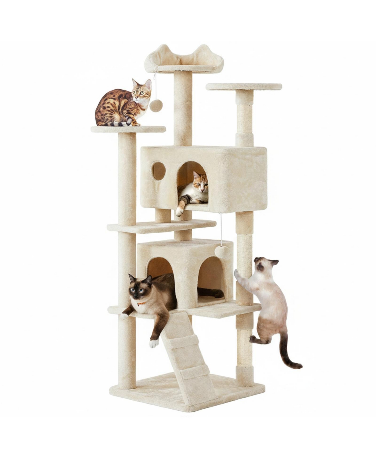 Aronkl Multi-level Cat Tree Tower with Cat-ear Perch 2 Caves Sisal Posts Climbing Ladder Replaceable Balls Pet Activity Center