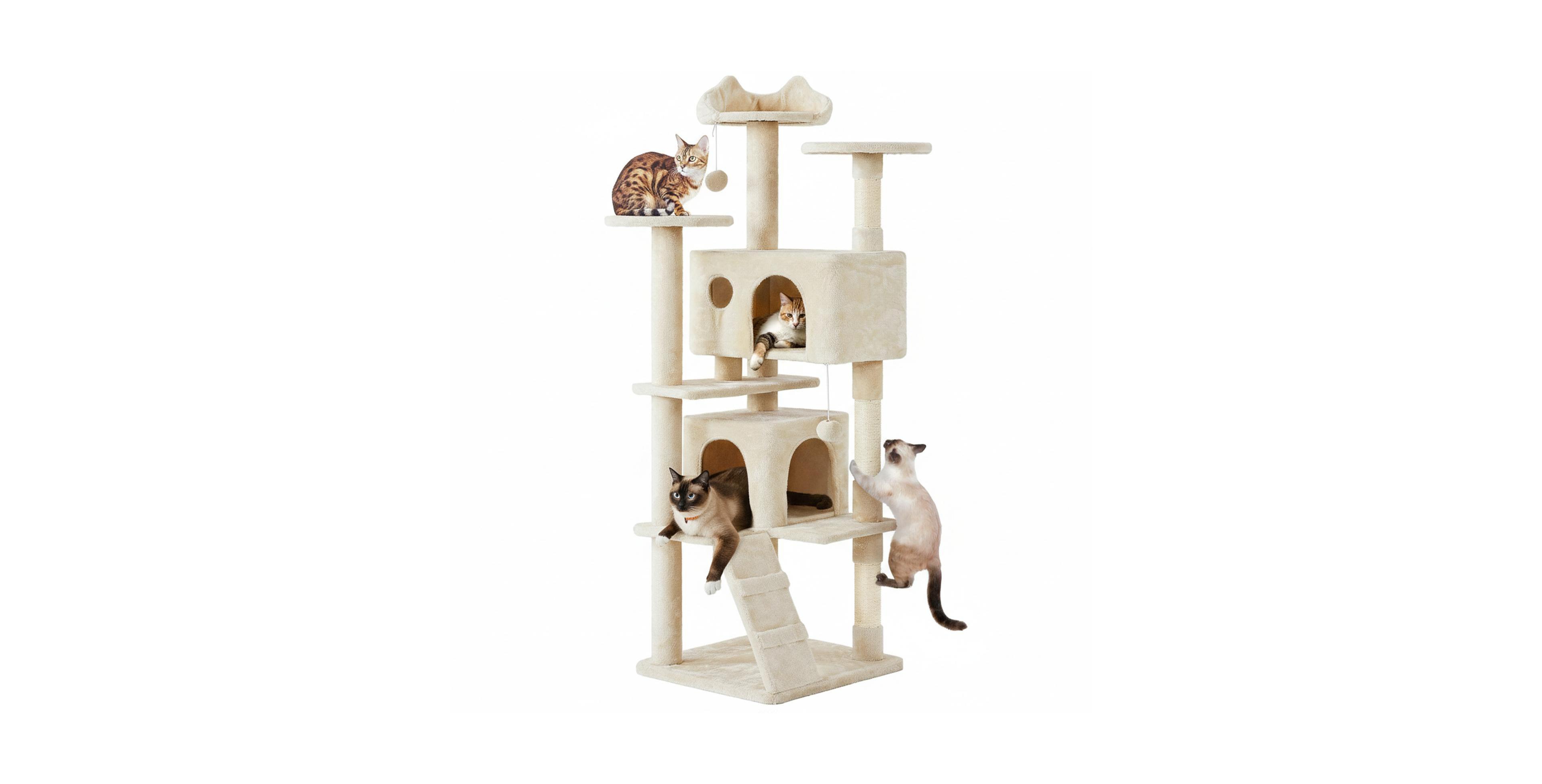 Aronkl Multi-level Cat Tree Tower with Cat-ear Perch 2 Caves Sisal Posts Climbing Ladder Replaceable Balls Pet Activity Center