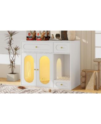 Cat Litter Box Enclosure with LED Light – End Table with Storage Drawers & Acrylic Doors