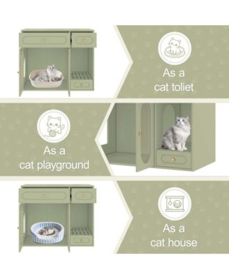 Cat Litter Box Enclosure with LED Light – White End Table with Storage Drawers & Acrylic Doors, Green