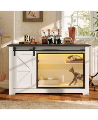 Farmhouse Cat Litter Box Enclosure with Sliding Barn Door – White Nightstand Cabinet with LED Light & Storage, Hidden Cat Furniture