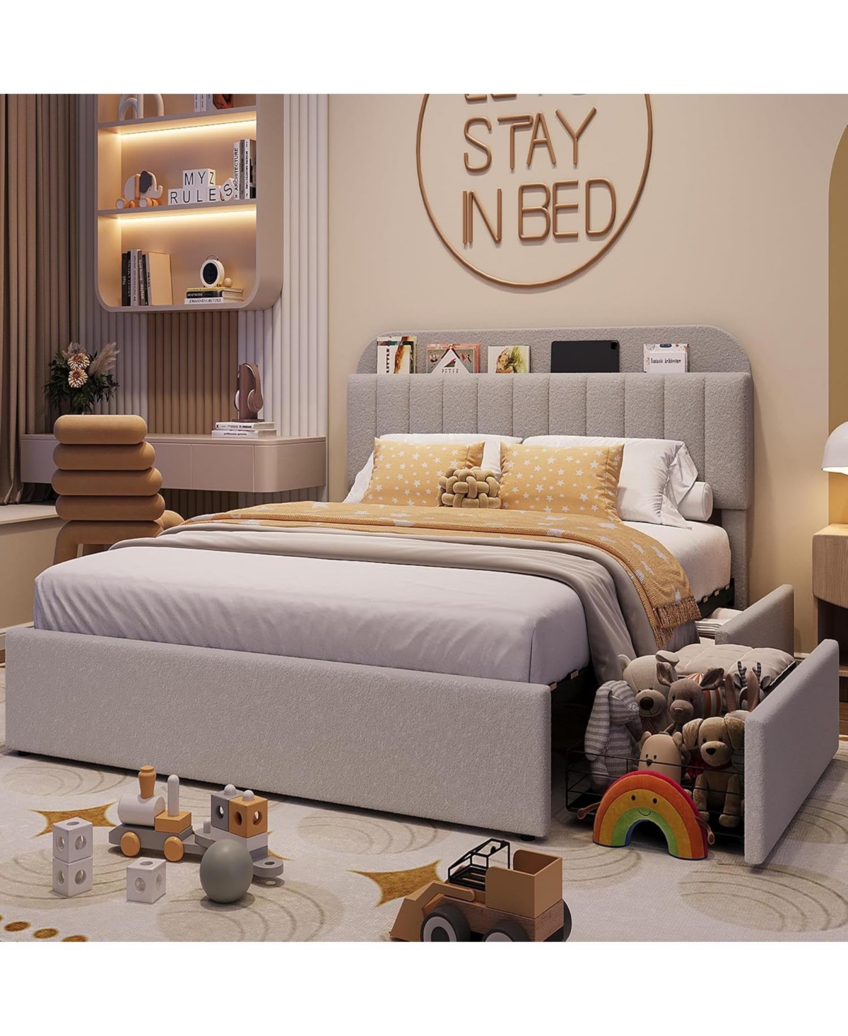 gaomon Bed Frame with Storage Headboard, Kids 2 Drawers, Boucle Upholstered Platform Bookcase