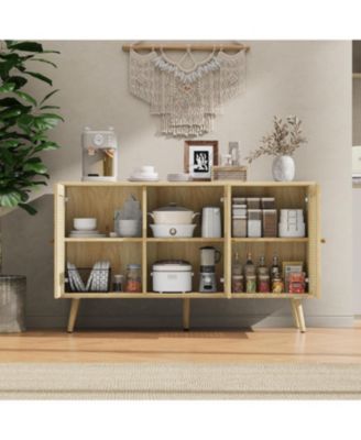 47.2" Rattan Sideboard Buffet Cabinet with 3 Doors,Boho Sideboard Buffet Cabinet with Adjustable Shelves, White Console Table for Living Room