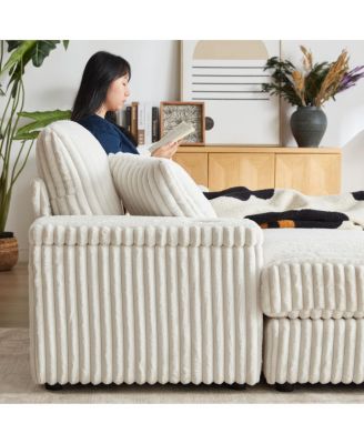 84" Corduroy 3-Seater Sofa w/ Pillows, Ottomans, Storage & Cup Holders