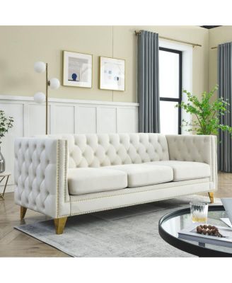 Streamdale Velvet Sofa for Living Room, Tufted Square Arm Couch, Modern Upholstered Button Couch