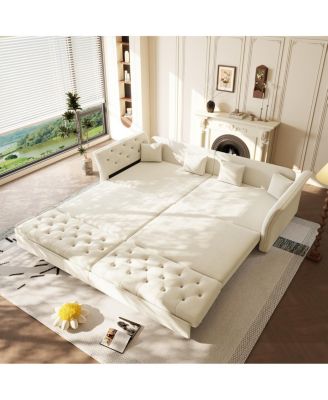 Oversize Pull Out Sofa Bed with Fabric Flower Tufted Design, Velvet Loveseat Bed