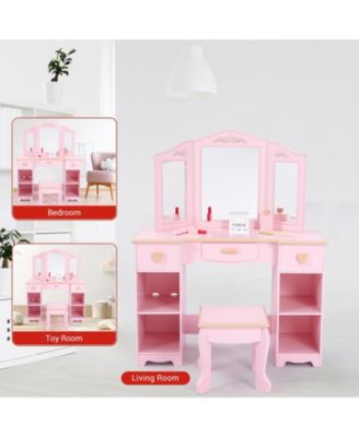 Kids Pretend Play Vanity Set with Tri-Fold Mirror and Stool