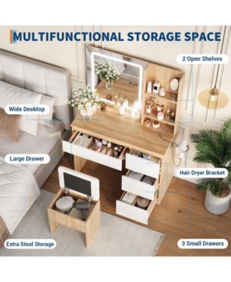 Makeup Vanity Set with Foldable Lighted Mirror, Drawers and Cushioned Stool