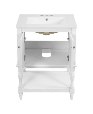 24" Bathroom Vanity with Ceramic Sink, Solid Wood Legs, Carved Palace Style Cabinet, Open Shelf for Small Bathroom