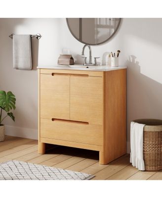 30" Modern Natural Bathroom Vanity with Ceramic Sink, Soft-Close Doors, Bottom Drawer Storage, Freestanding Cabinet