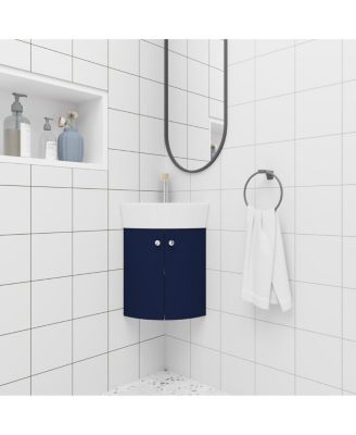 Corner Bathroom Vanity with Sink, Wall Mounted Ceramic Basin, Soft Closing Doors, Pre-assembled for Small Spaces