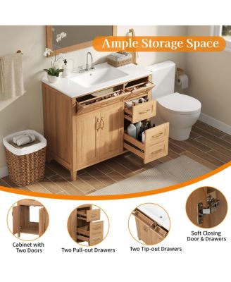 36" Modern Natural Bathroom Vanity with Ceramic Sink, Soft-Close Drawers, Double Door Cabinet, Ample Storage for Bathroom