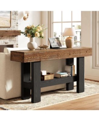 2-Tier Solid Wood Black Console Table for Entryway, Long Narrow Sofa Table Behind Couch