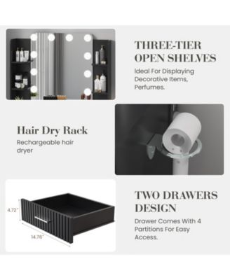 Modern Makeup Vanity Set with 12-LED Mirror, Stool, 2 Drawers, Shelves and Power Outlet