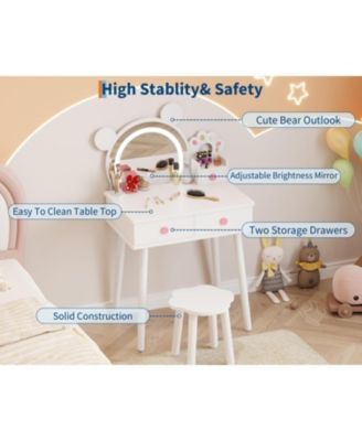 Kids Wooden Vanity Table and Chair Set with Touch Control Lighted Mirror and Drawers