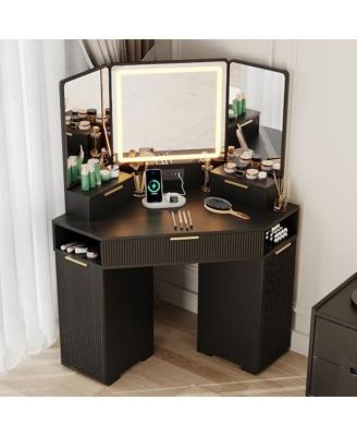 Fluted Wood Corner Vanity Desk with Lighted Mirror, Drawers, Cabinets and Charging Station