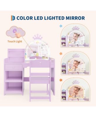 Kids Vanity Set with Lighted Mirror, Chair, Drawer and Open Storage Shelves