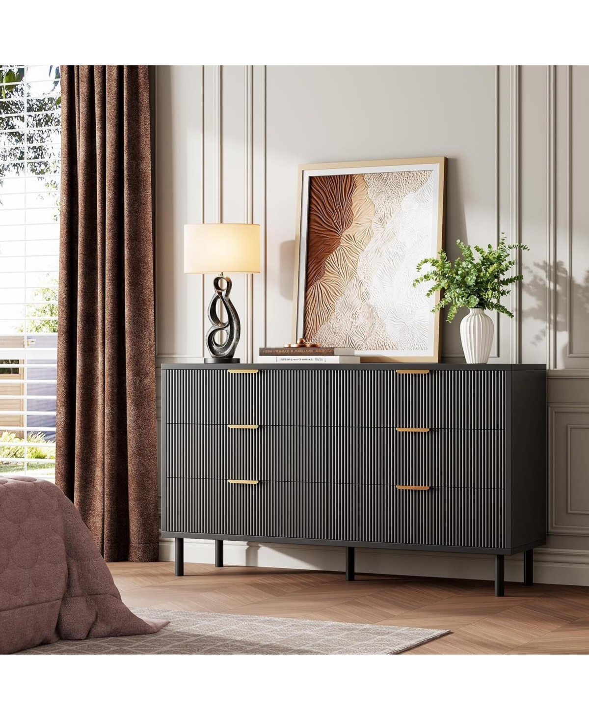 gaomon 6 Drawer Wave Fluted Dresser, Wide Modern Wood Chest with Metal Legs and Handles