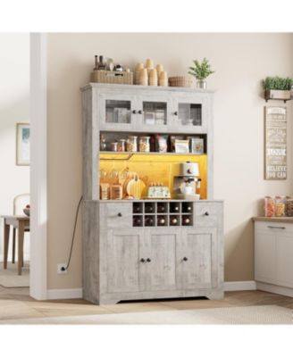 68.7" Coffee Bar Cabinet with LED Light & Power Outlet, Farmhouse Kitchen Hutch with 2 Storage Drawers, Wine Glass Rack, Adjustable Shelves