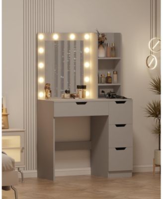 Kids Vanity Desk with 3-Color Touch Control Tri-Fold Lighted Mirror