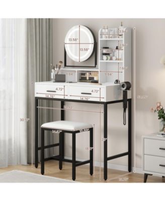 Makeup Vanity Set with Rotating Lighted Mirror, Stool, 2 Drawers and Power Outlet