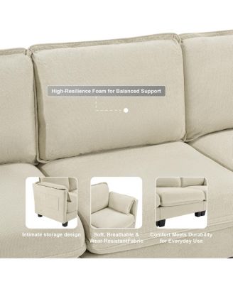 L-shaped sofa, cotton-linen, storage armrest, 3-seater for living room/office