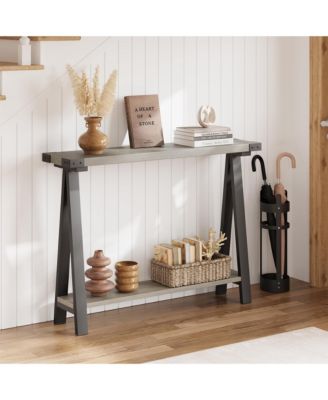 Narrow Farmhouse Console Table with V-Shaped Metal Legs and Open Shelf