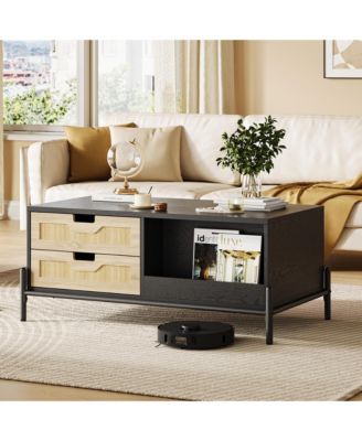 Rectangular Modern Coffee Table with LED Lights, Open Shelf and 4 Drawers