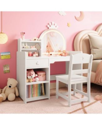 Kids Vanity Set with Lighted Mirror, Chair, Drawer and Open Storage Shelves