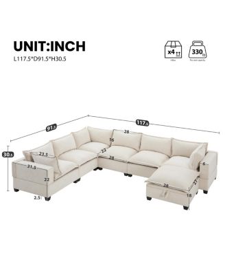 117.5" Modular Sectional Sofa with Movable Storage Ottoman, 7 Seat U Shaped Couch