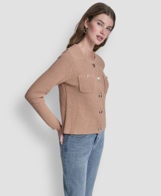 Women's Long-Sleeve Tuck Stitch Crewneck Cardigan