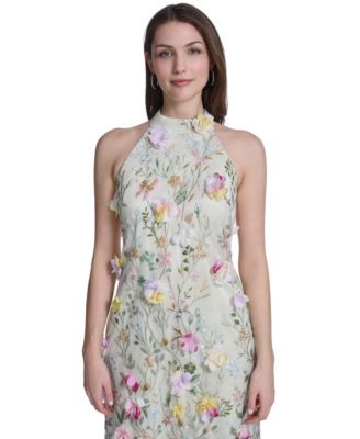 Women's Sleeveless Mock Neck Floral Embroidered Dress