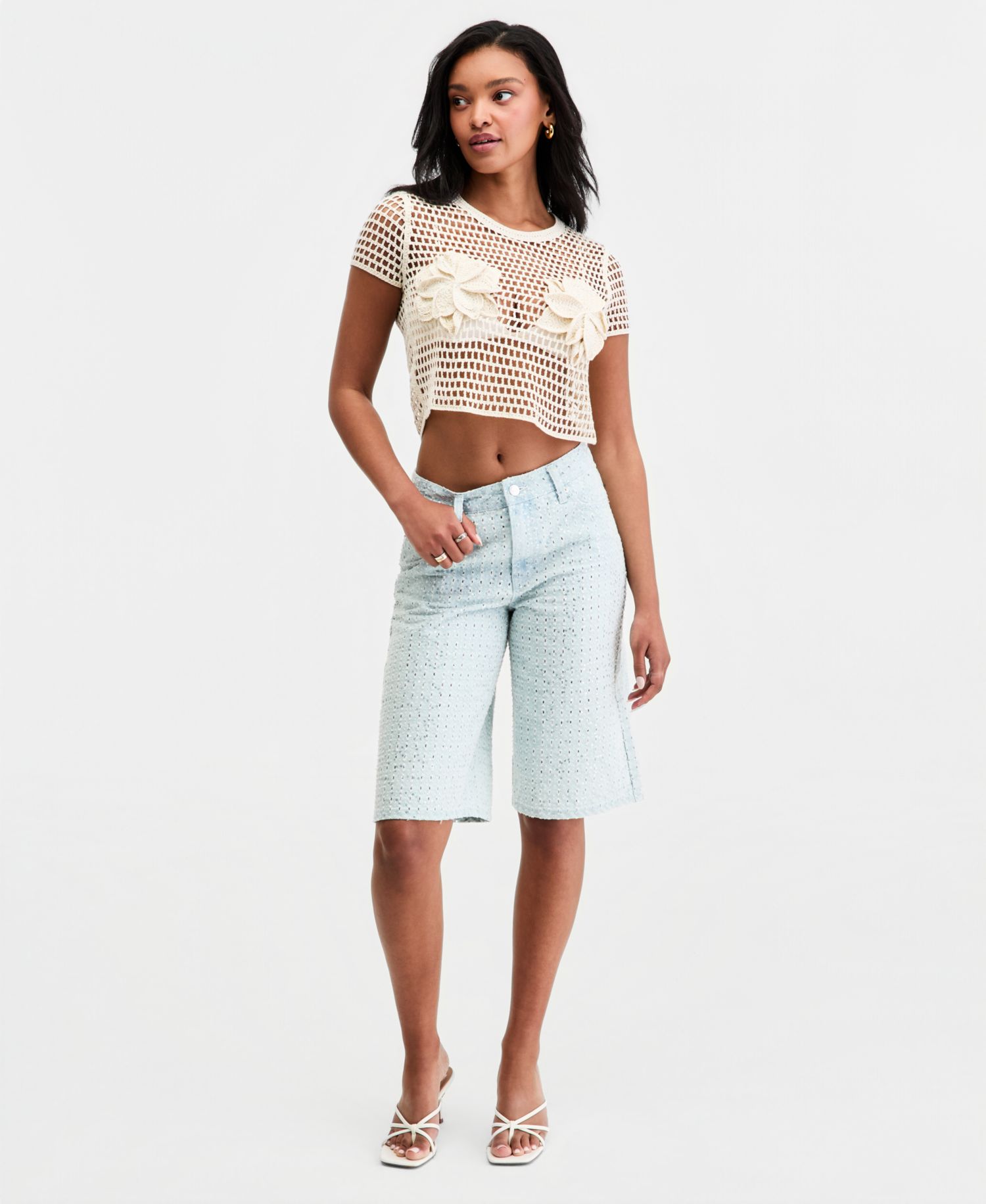 Women's Sequin Destructed Denim Bermuda Shorts