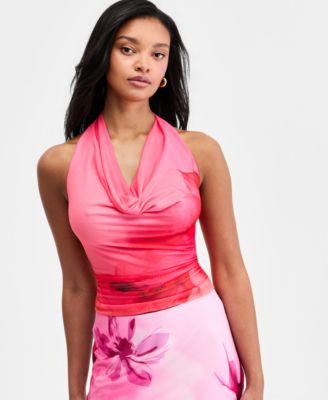 Women's Floral-Print Mesh Cowl-Neck Halter Top