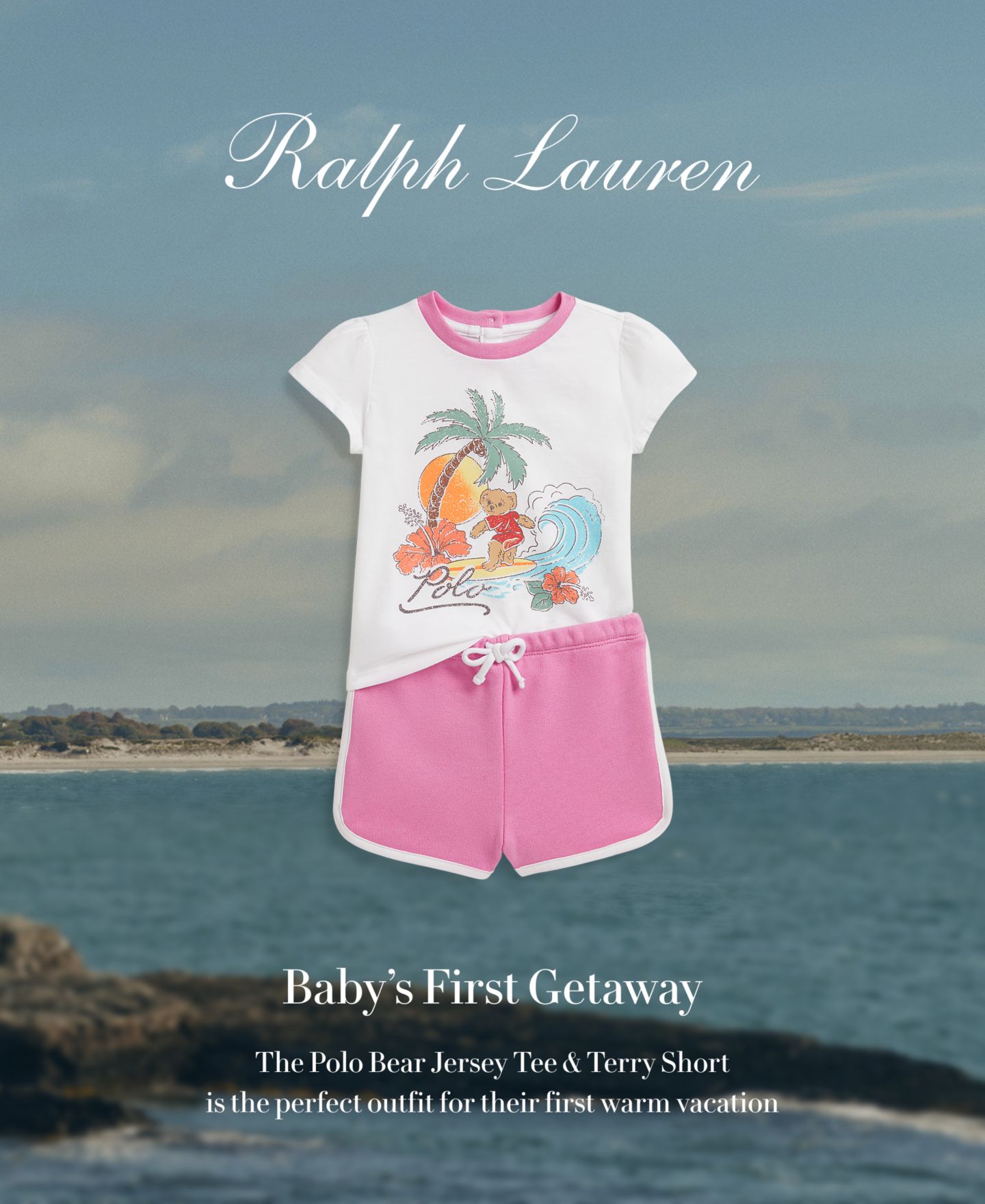 Детский комплект Polo Ralph Lauren для девочки: футболка и махровые шорты, цвет: Белый / Розовый — фото 4