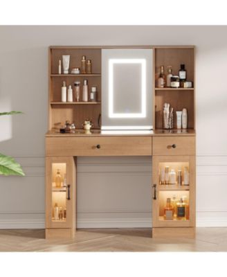 Large Makeup Vanity Desk with 3-Color LED Sliding Mirror, Drawers and Power Outlets