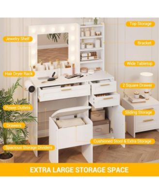 Makeup Vanity Set with Drawers & Cabinet & Chair,Vanity Desk with Mirror and Lights,3 Light Mode and Brightness Adjusted