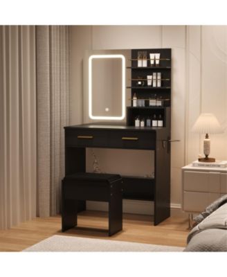 Makeup Vanity Set with Lighted Mirror, Chair, Drawers, Open Cabinet and Charging Station