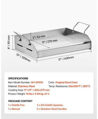 17 x 13 Inch Stainless Steel Griddle Plate for Gas Grill with Handles