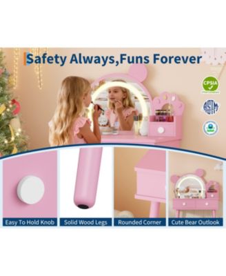 Kids Wooden Vanity Table and Chair Set with Touch Control Lighted Mirror and Drawers