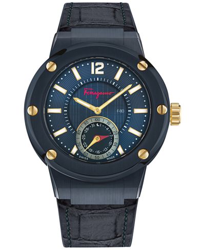 Ferragamo Men's Swiss F-80 Blue Leather on Black Caoutchouc Strap Smartwatch 44mm FAZ01 0016
