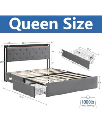 Bed Frame With Headboard and 4 Drawers Velvet Upholstered Frame With Charging Station Quiet Easy To Assemble