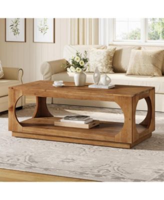 Solid Wood Coffee Table, 47.2" Farmhouse Wooden Center Tables, 2-Tier Rectangular Cocktail Tea Table
