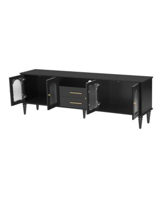  68.9" Retro TV Stand - Fluted Glass Doors, Wood Legs