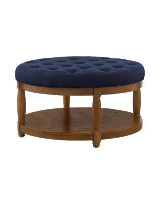 Large Tufted Linen Ottoman Coffee Table with Wood Shelf