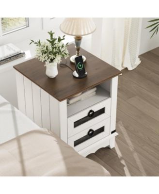 Farmhouse Nightstand with 2 Drawers, Open Cubby and Charging Station
