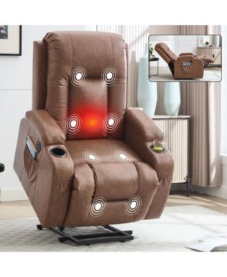 PU Power Lift Recliner with 8-Point Massage, Lumbar Heat, USB Port, Cup Holders and 350 lb Capacity