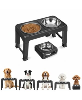 Elevated Dog Bowl Stand 5 Adjustable Heights Foldable Travel Feeder Stainless Steel Bowls Non-slip